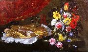 A Still Life of Roses, Carnations, Tulips and other Flowers in a glass Vase, with Pastries and Sweetmeats on a pewter Platter and earthenware Pots, on